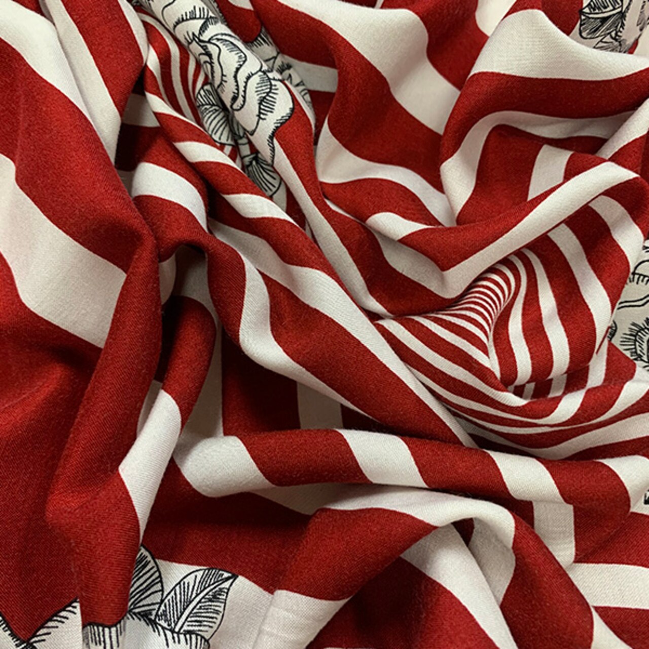 Red Rose Stripe Print Rayon Challis Fabric By the Yard